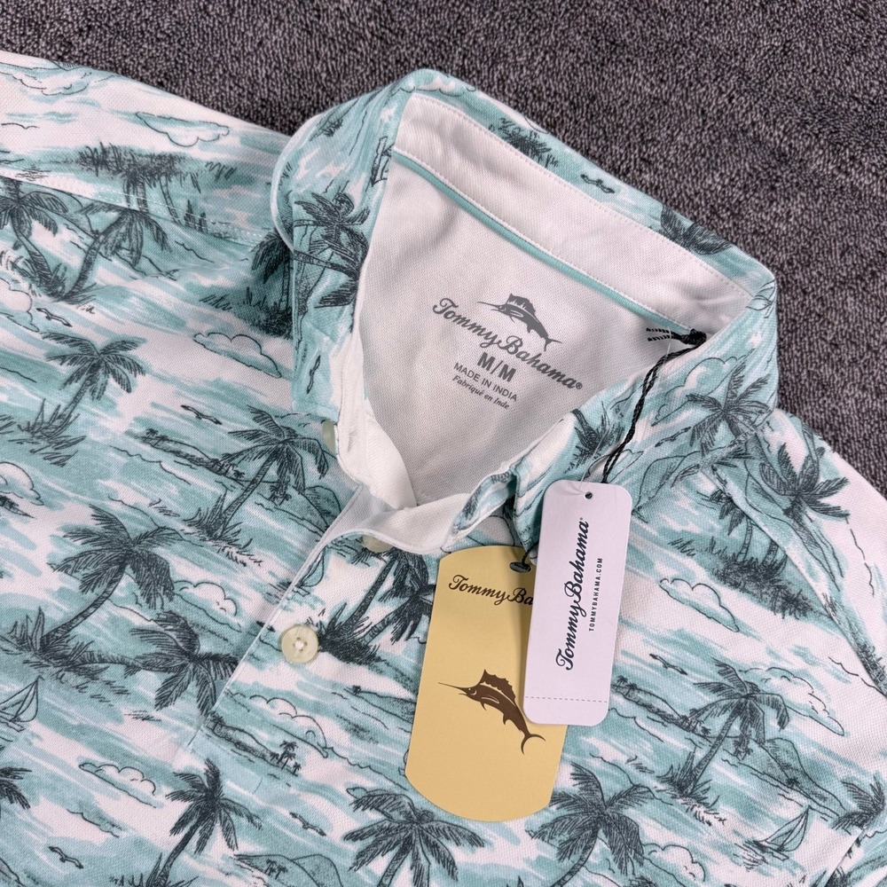 Tommy Bahama Mens Oceanfront Palms Polo Shirt Island Ice Blue Palm Tree M NEW